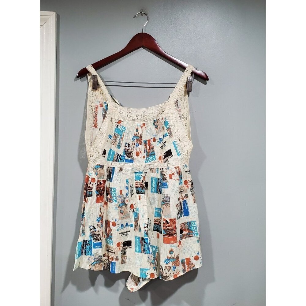 Urban Outfitters Romper Crochet Lace Cream Blue Brunching Paris Floral Sz Small